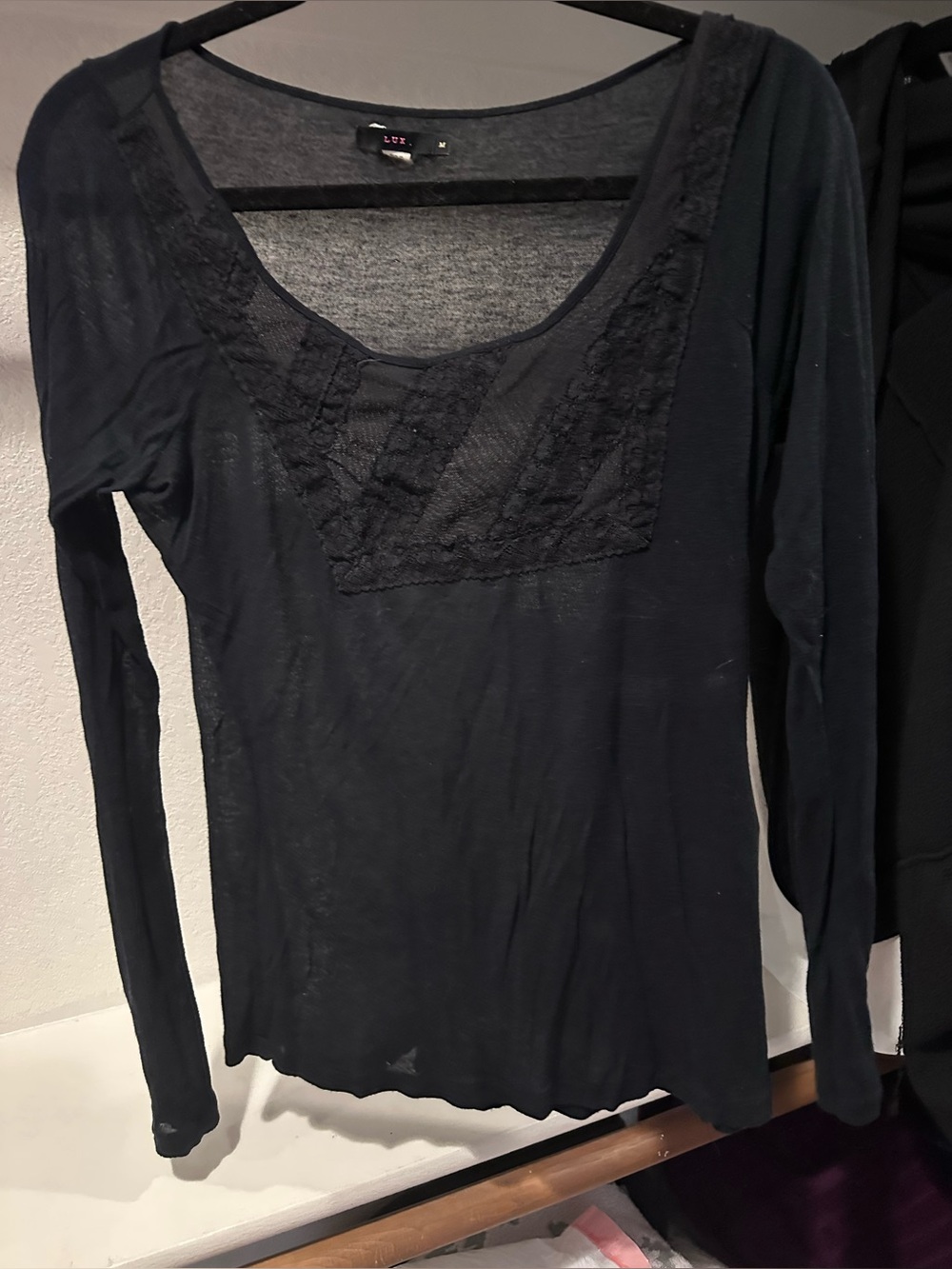 Women’s Long-Sleeve Lace-Inset Scoop Neck Top — Black